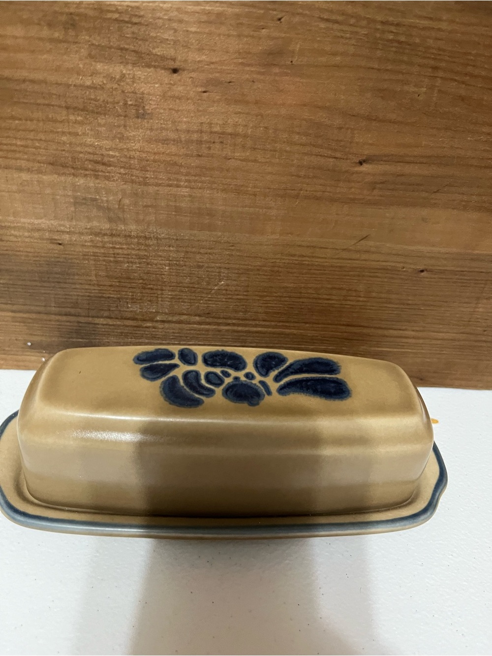 Pfaltzgraff Tan Butter Dish with Blue Floral Design